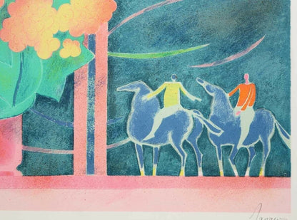 Albert Zavaro Original Lithograph Signed - Still Life Flowers Horse