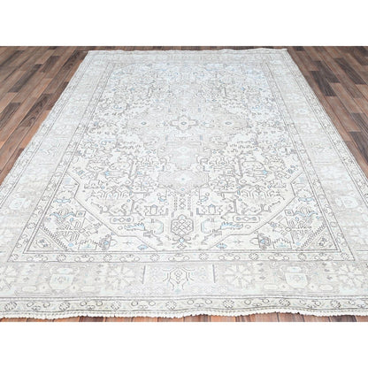 6'5"X9'1" Ivory Zoroastrian Secured Distressed Oriental Wool Rug