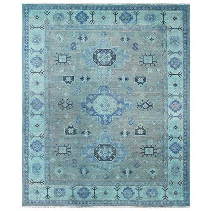 7'9"X9'6" Blue Overdyed Kazak Medallion Design Hand Knotted 100% Wool Rug