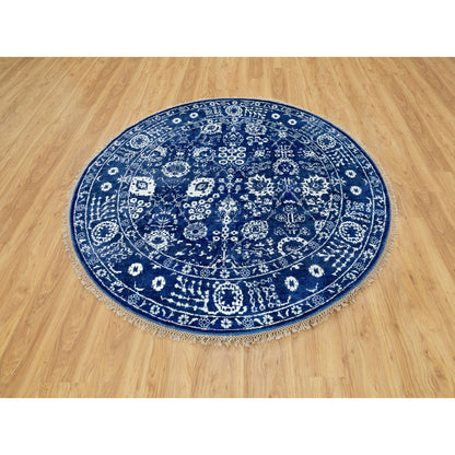 6'2"X6'2" Blue Tone On Tone Wool And Silk Round Hand Knotted Oriental Rug