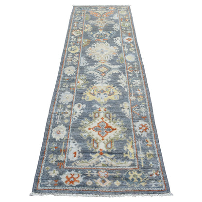 2'9"X9'9" Dark Gray Angora Oushak Wool Hand Knotted Runner Oriental Rug