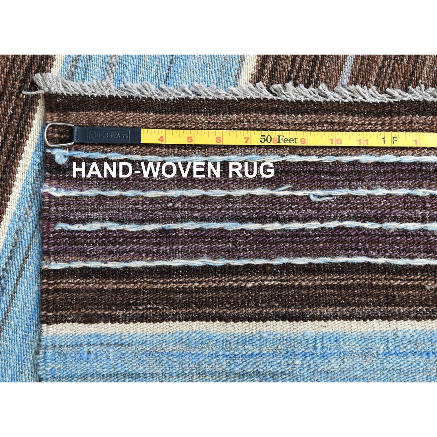 8'2"X10'1" Hand Woven Brown And Blue Mountain Design Flat Weave Kilim Rug