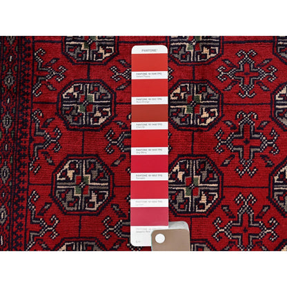 2'7"X4' Red Princess Bokara Geometric Pattern Hand Knotted Wool Sample Rug