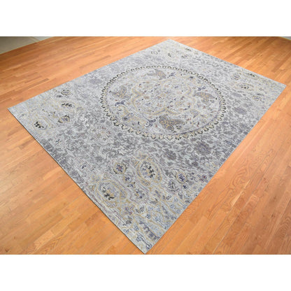 9'X12' Silver Gray The Maharaja Design Silk With Wool Hand Knotted Rug