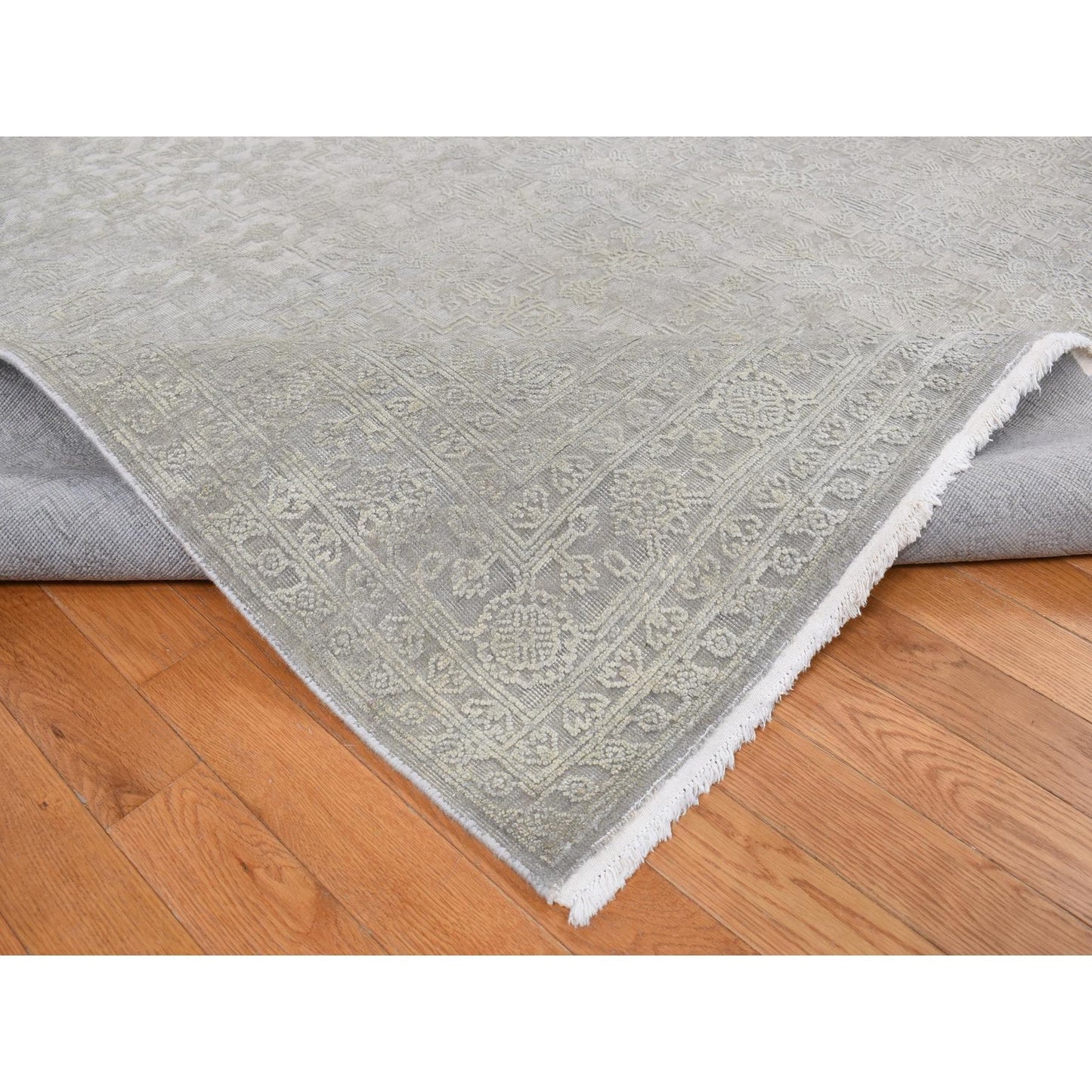 8'10"X12' Gray Silk With Textured Wool Tone On Tone Hand Knotted Rug