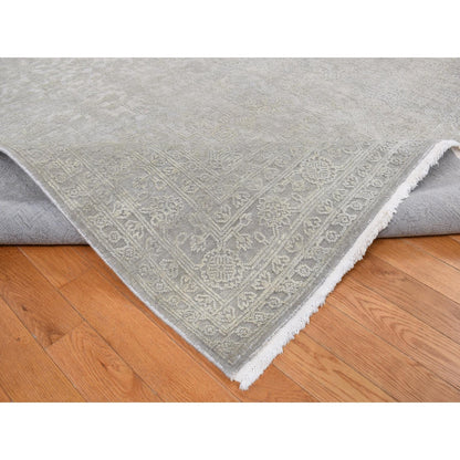 8'10"X12' Gray Silk With Textured Wool Tone On Tone Hand Knotted Rug