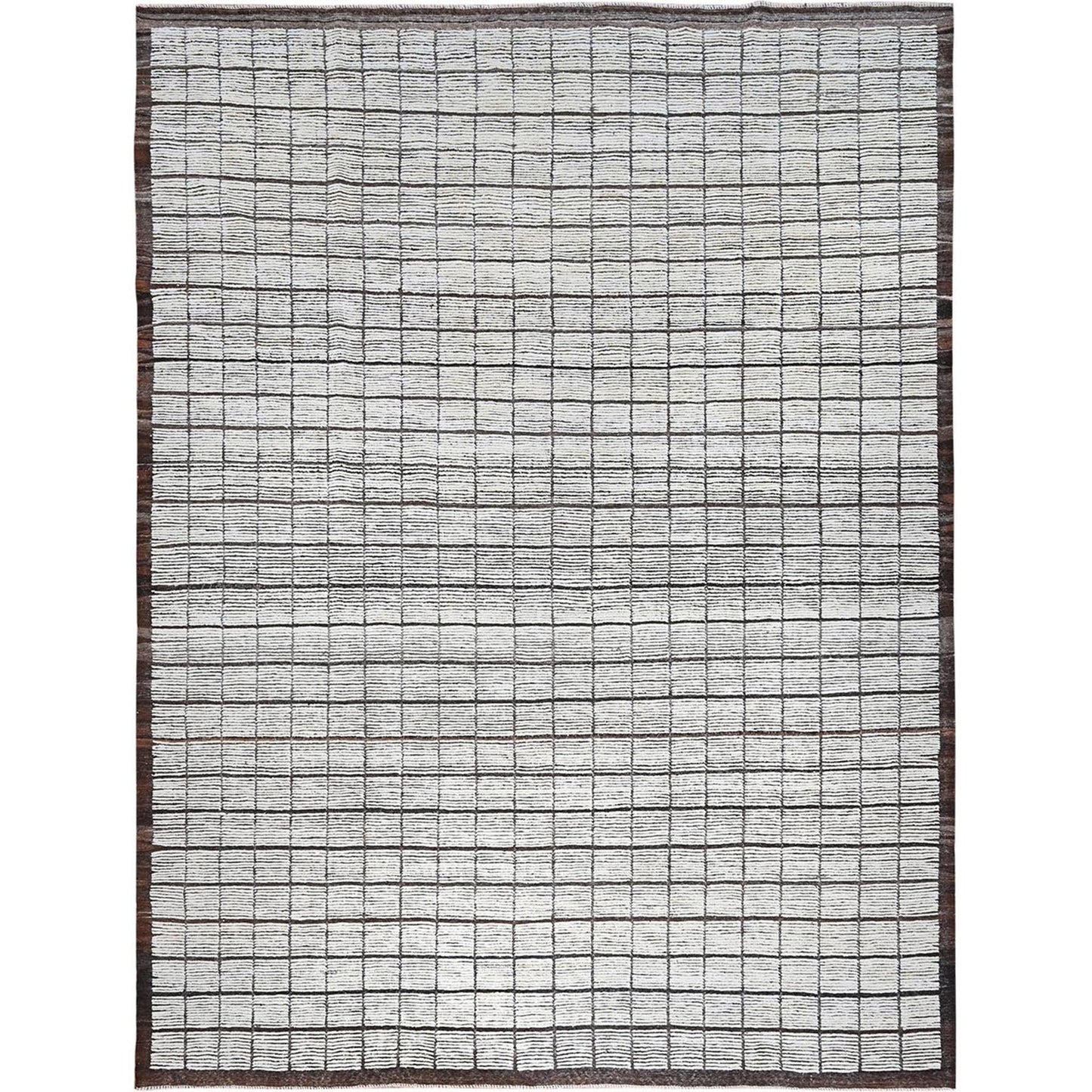 10'5"X13'8" White Moroccan Weave With Box Design All Wool Hand Knotted Rug
