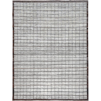 10'5"X13'8" White Moroccan Weave With Box Design All Wool Hand Knotted Rug