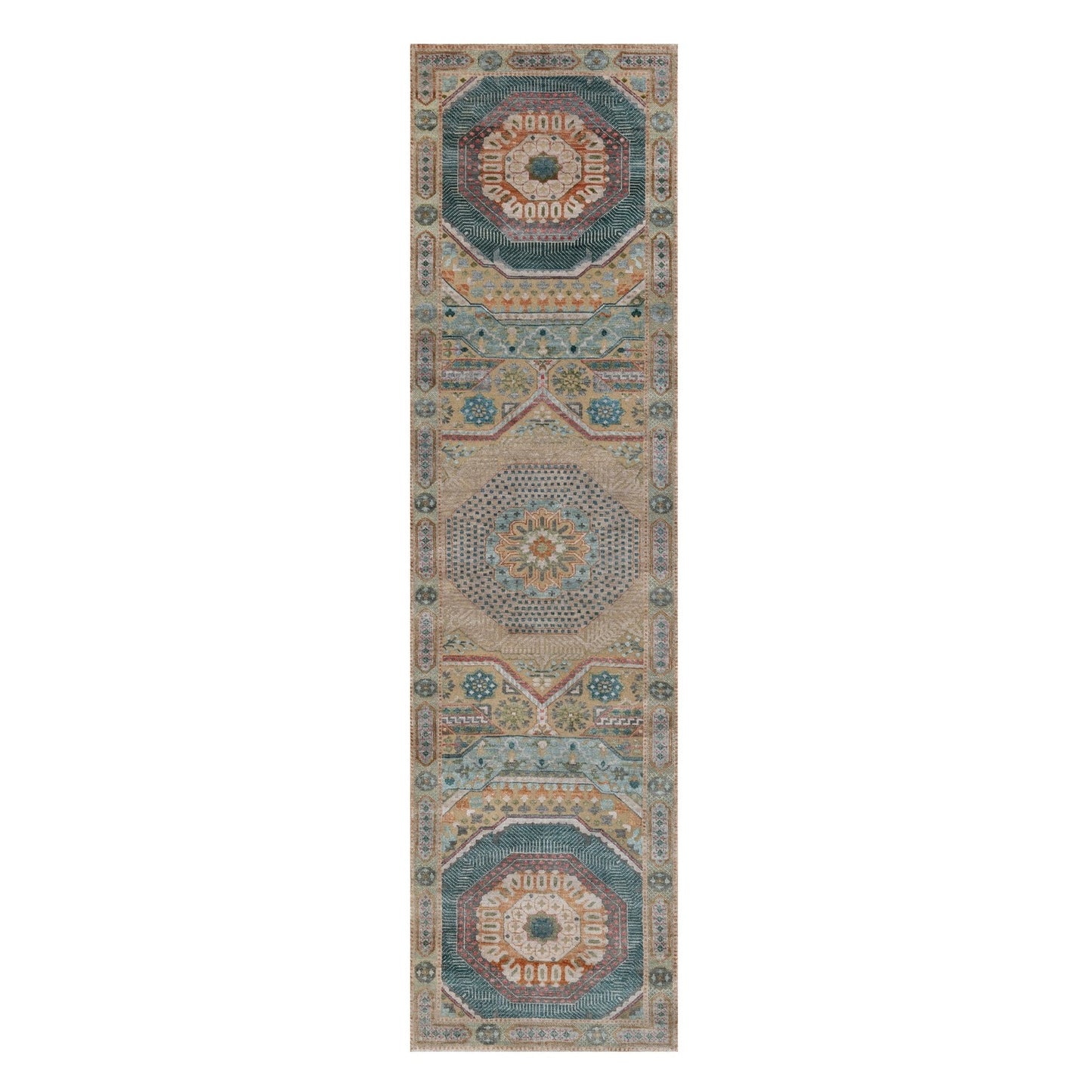 2'7"X10' Khaki Brown Hand Knotted Rug Mamluk Design Wool And Silk Runner