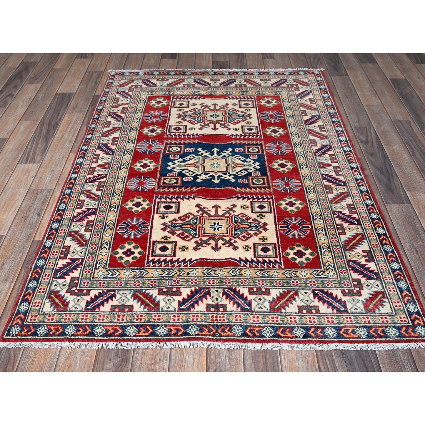 3'9"X5'3" Red Kazak With Geometric Medallions Design Hand Knotted Wool Rug