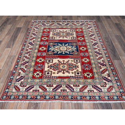 3'9"X5'3" Red Kazak With Geometric Medallions Design Hand Knotted Wool Rug