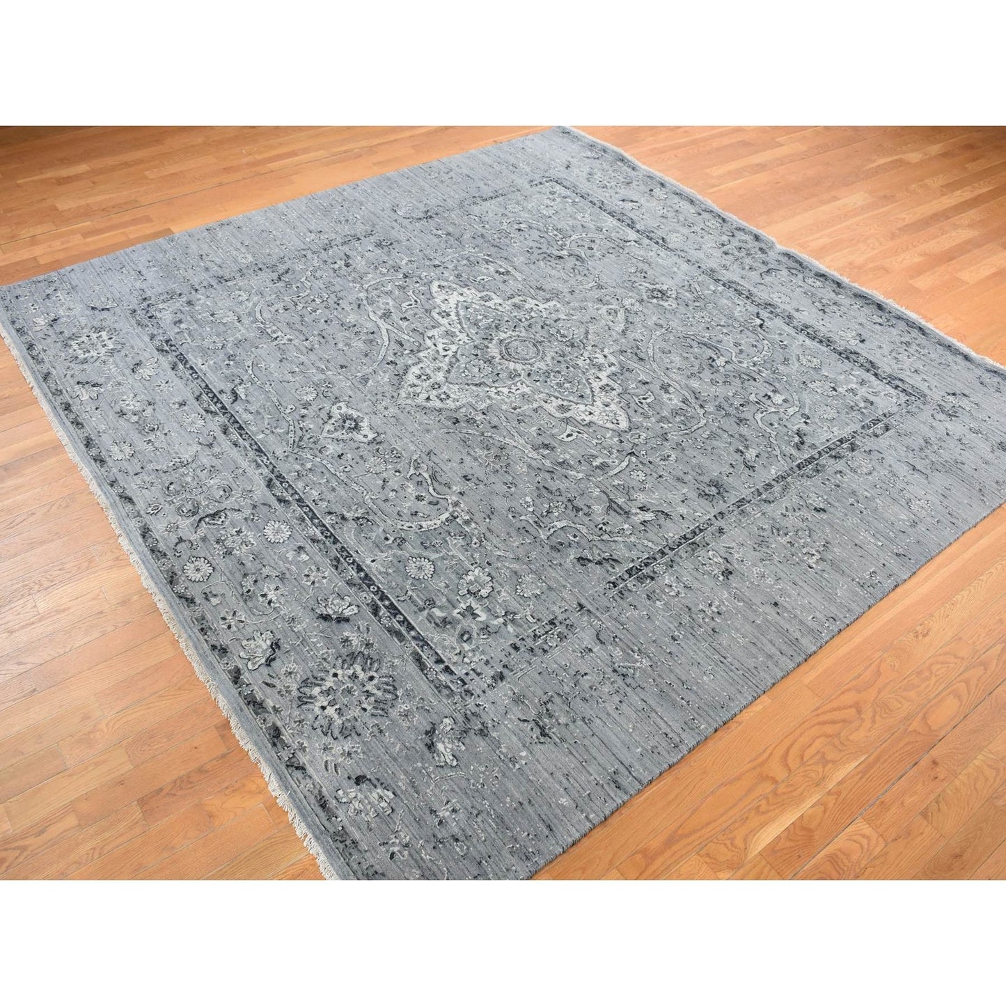 10'X10' Gray Zoroastrian Design Silk With Wool Hand Knotted Square Rug