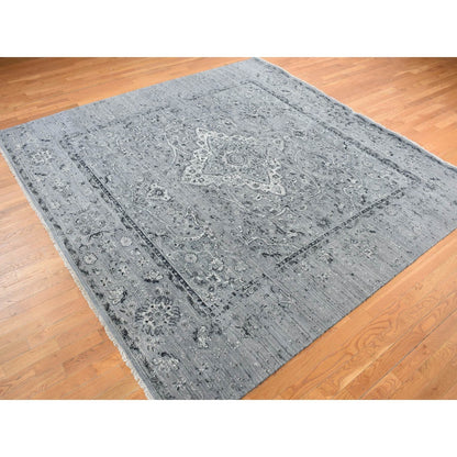 10'X10' Gray Zoroastrian Design Silk With Wool Hand Knotted Square Rug