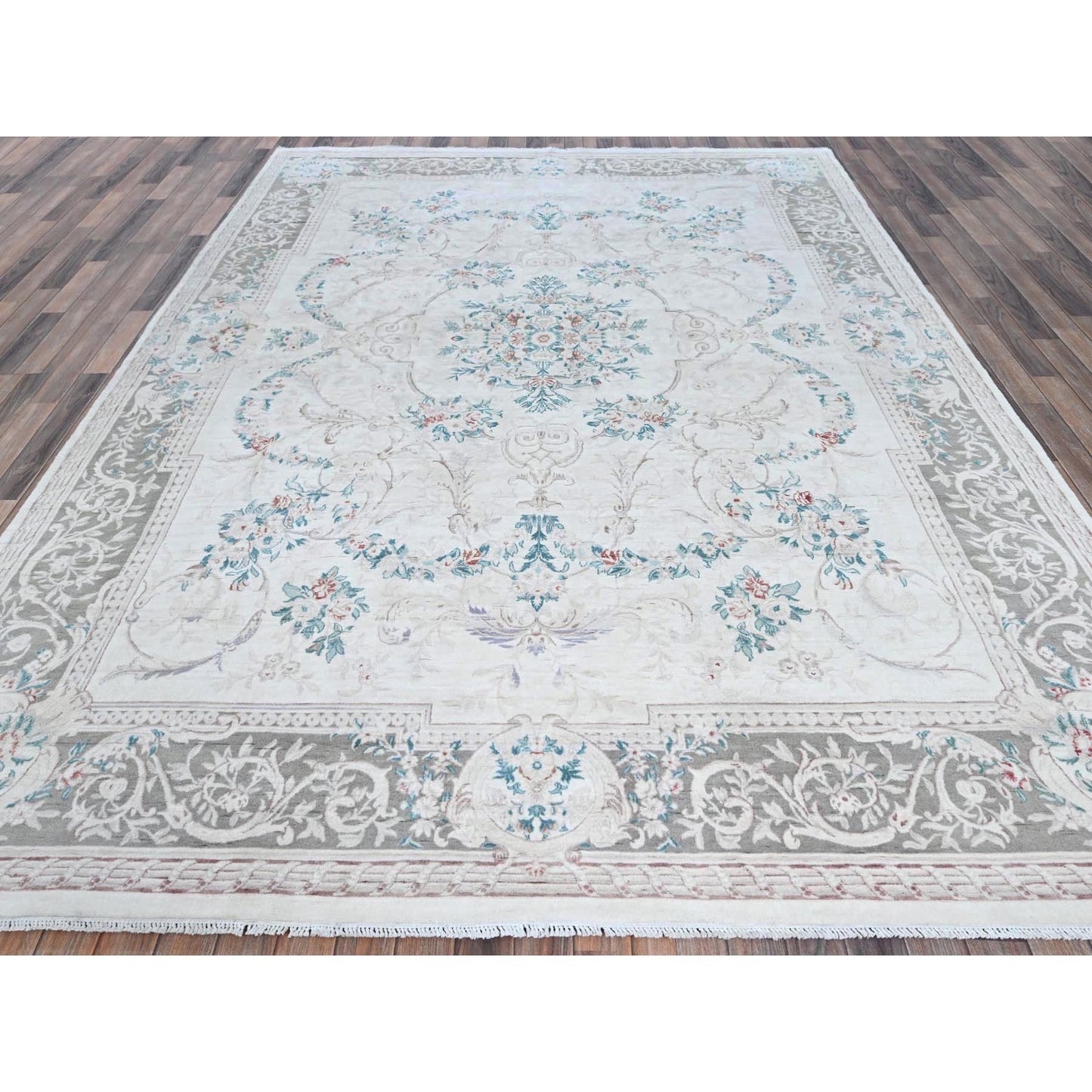 9'X11'9" White Aubusson Design Zoroastrian 300 Kpsi Wool Hand Knotted Rug