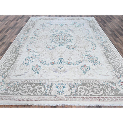 9'X11'9" White Aubusson Design Zoroastrian 300 Kpsi Wool Hand Knotted Rug