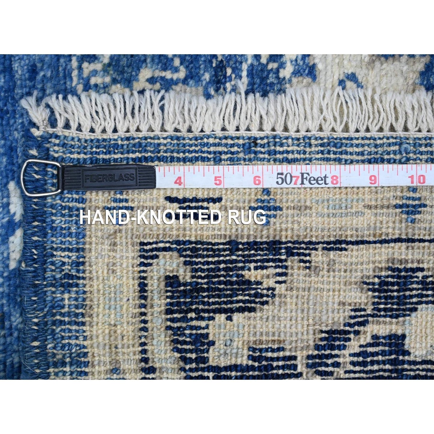 4'X15'7" Blue Hand Knotted Angora Oushak Leaf Design Pure Wool Runner Rug