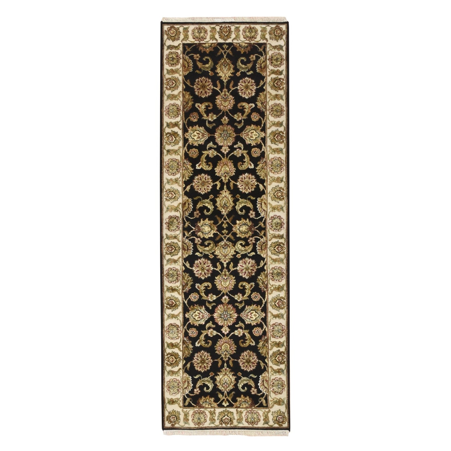 2'6"x8' Black Hand Knotted Rajasthan Leaf Design Wool and Silk Runner Rug