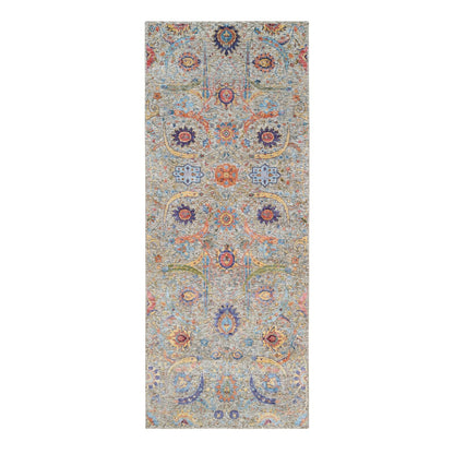 4'1"X10'3" Silk And Wool Hand Knotted Tan Sickle Design Wide Runner Rug