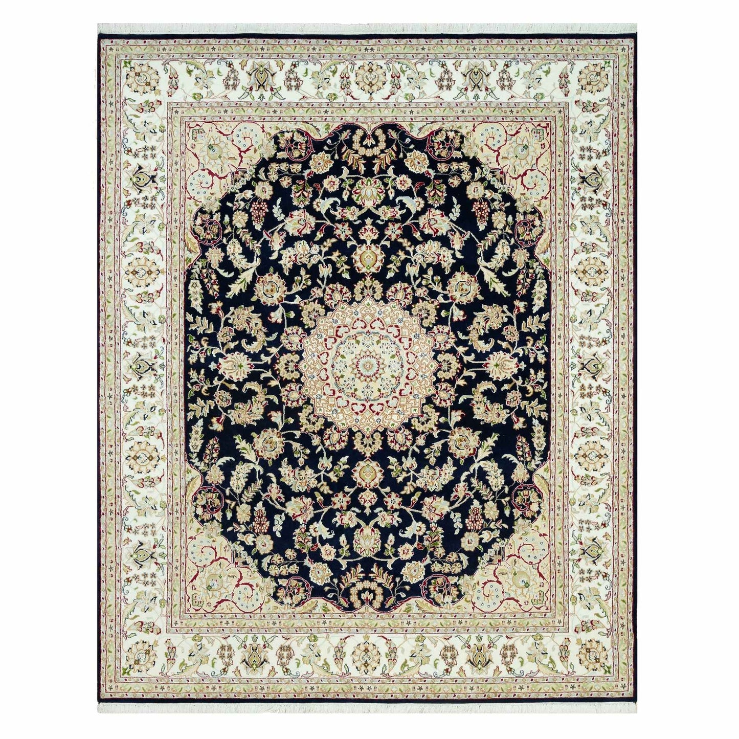 7'9"X9'9" Dark Night Blue Nain Floral Design 250 Kpsi Hand Knotted Rug