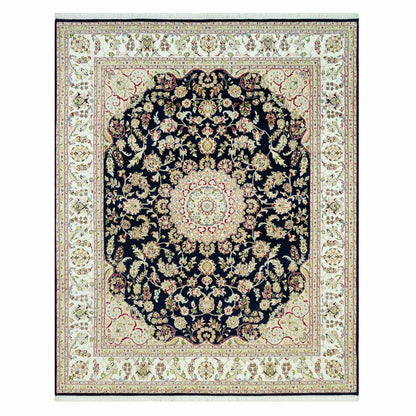 7'9"X9'9" Dark Night Blue Nain Floral Design 250 Kpsi Hand Knotted Rug