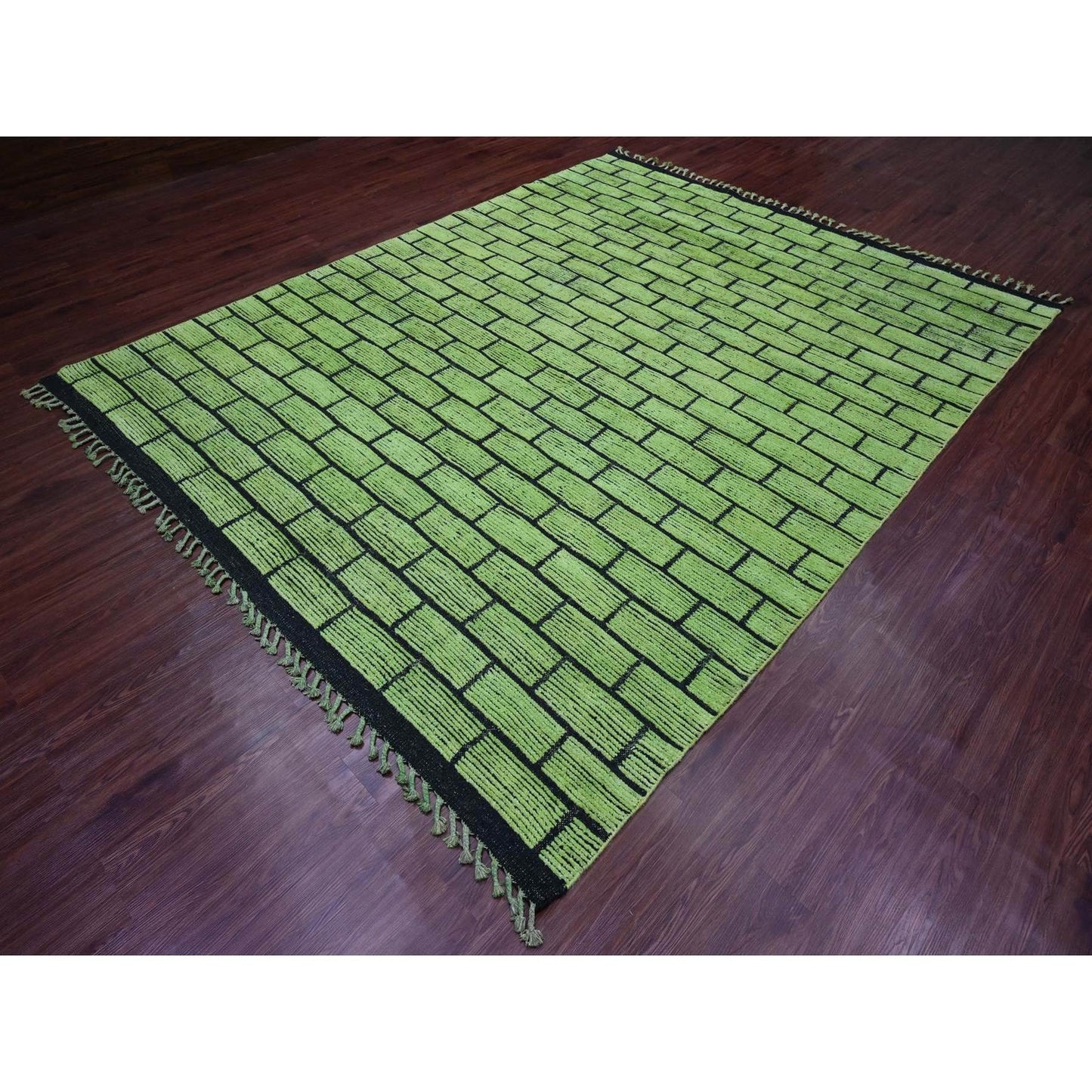 8'2"X10'6" Green Hand Knotted Moroccan Weave Brick Design Pure Wool Rug