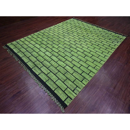 8'2"X10'6" Green Hand Knotted Moroccan Weave Brick Design Pure Wool Rug