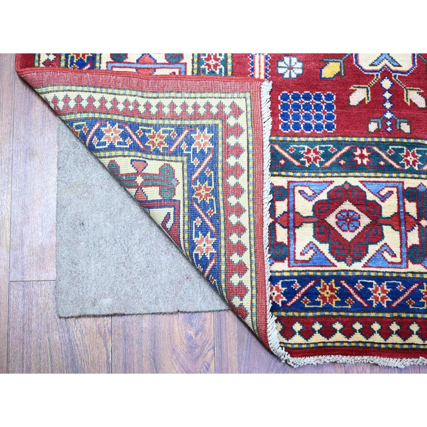 6'4"X9'4" Red Caucasian Design Wool Afghan Super Kazak Hand Knotted Rug