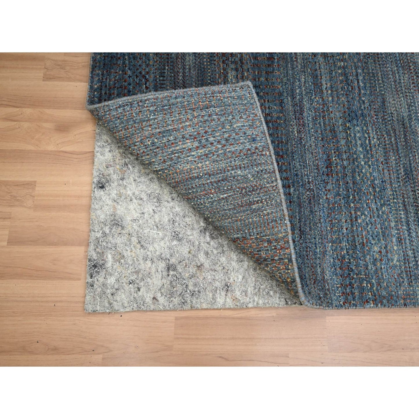 2'7"X12'3" Denim Blue Grass Design Wool And Silk Hand Knotted Runner Rug