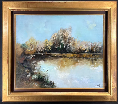Framed Escudie Original Oil Painting 15F Autumn Lake French Landscape Large