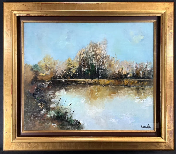 Framed Escudie Original Oil Painting 15F Autumn Lake French Landscape Large