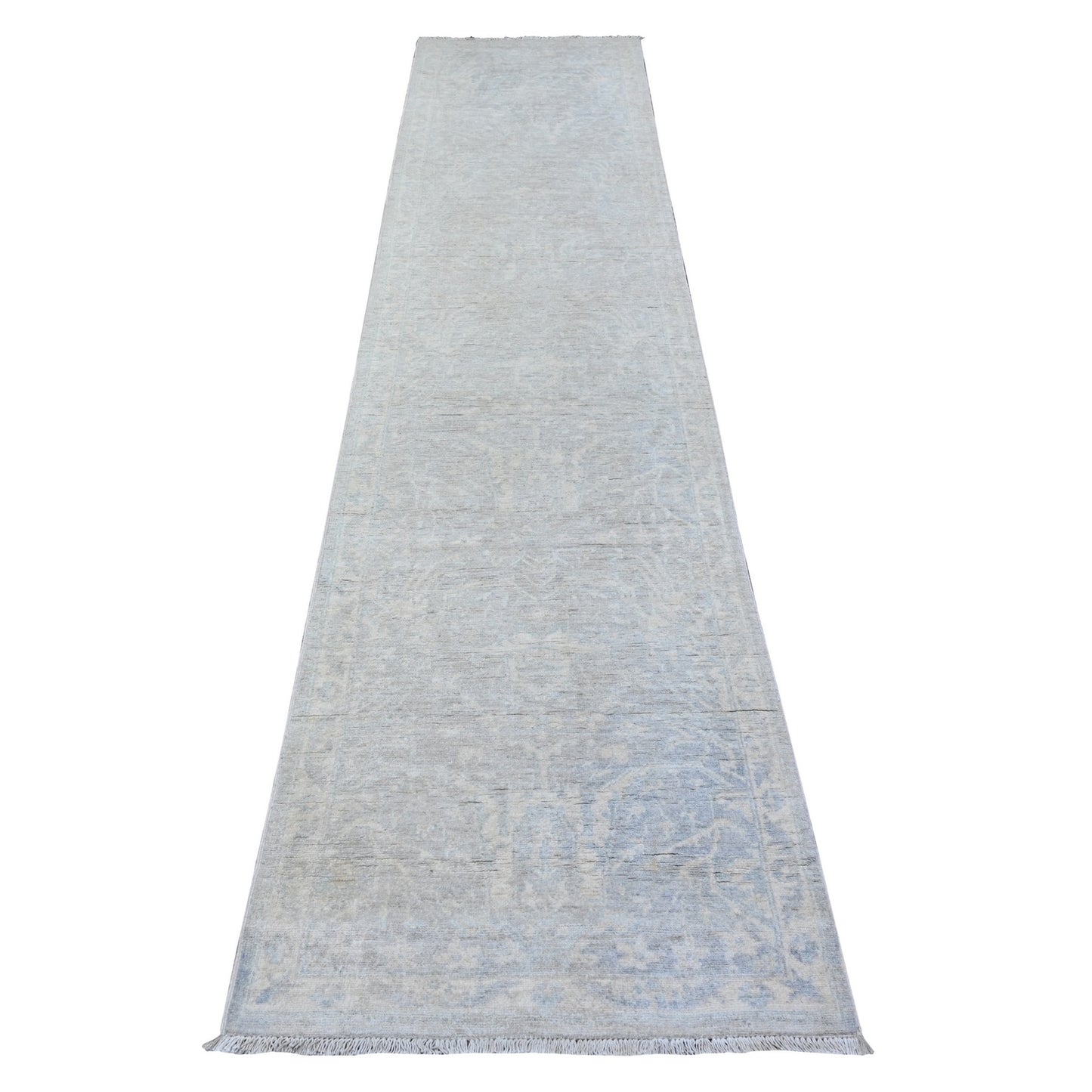 2'6"X11'7" Gray White Wash Peshawar Hand Knotted 100% Wool Runner Rug