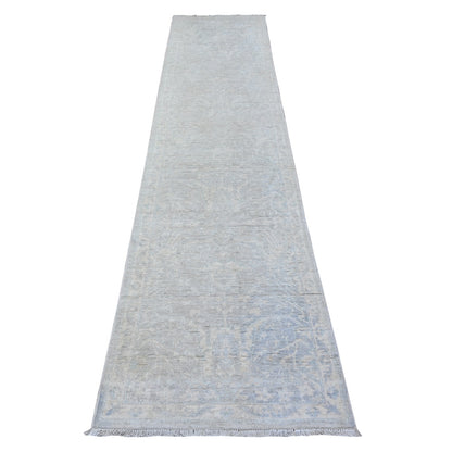 2'6"X11'7" Gray White Wash Peshawar Hand Knotted 100% Wool Runner Rug