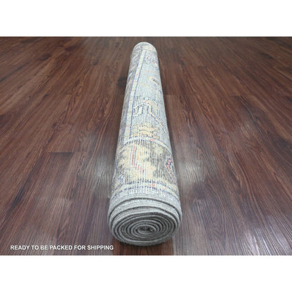 4'X10'1" Gray Angora Oushak Vines Design Hand Knotted All Wool Runner Rug