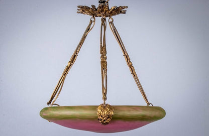 Schneider Signed Chandelier Gilt Bronze Art Glass French Art Deco Excellent