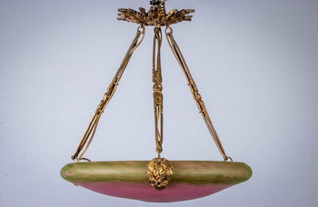 Schneider Signed Chandelier Gilt Bronze Art Glass French Art Deco Excellent