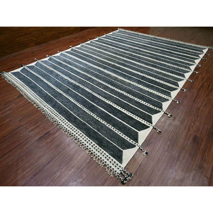 10'4"X14'2" Black Moroccan Weave Line Design Soft Wool Hand Knotted Rug