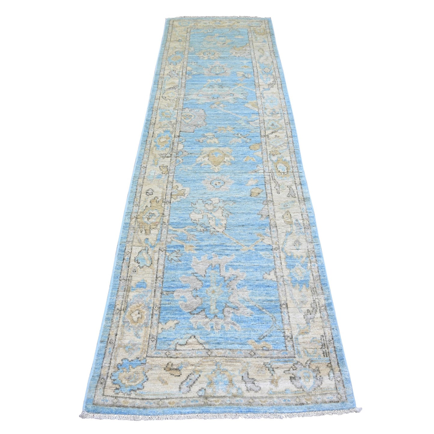 2'9"X9'9" Blue Afghan Angora Oushak Wool Hand Knotted Runner Oriental Rug