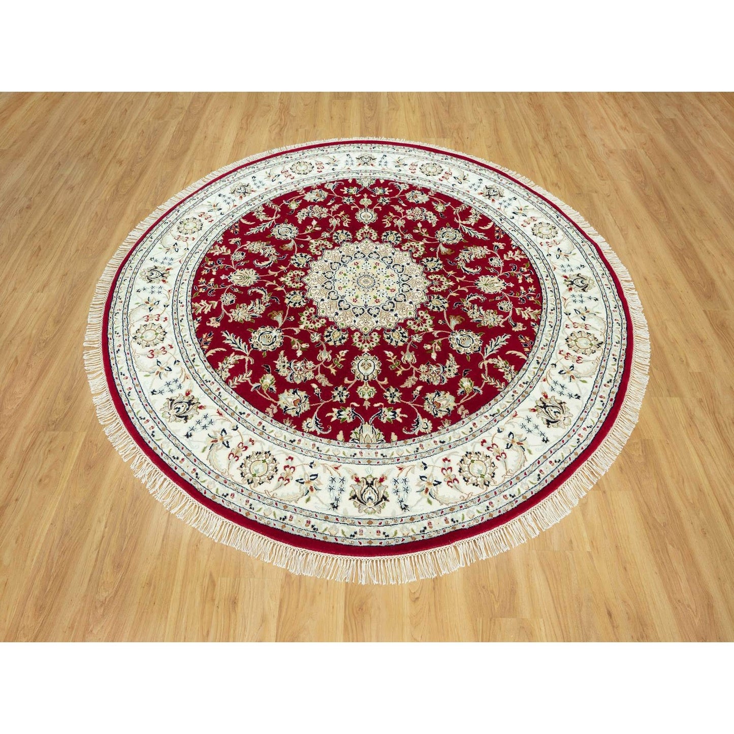 8'X8' Barn Red 250 Kpsi Hand Knotted Nain Soft Wool Oriental Round Rug