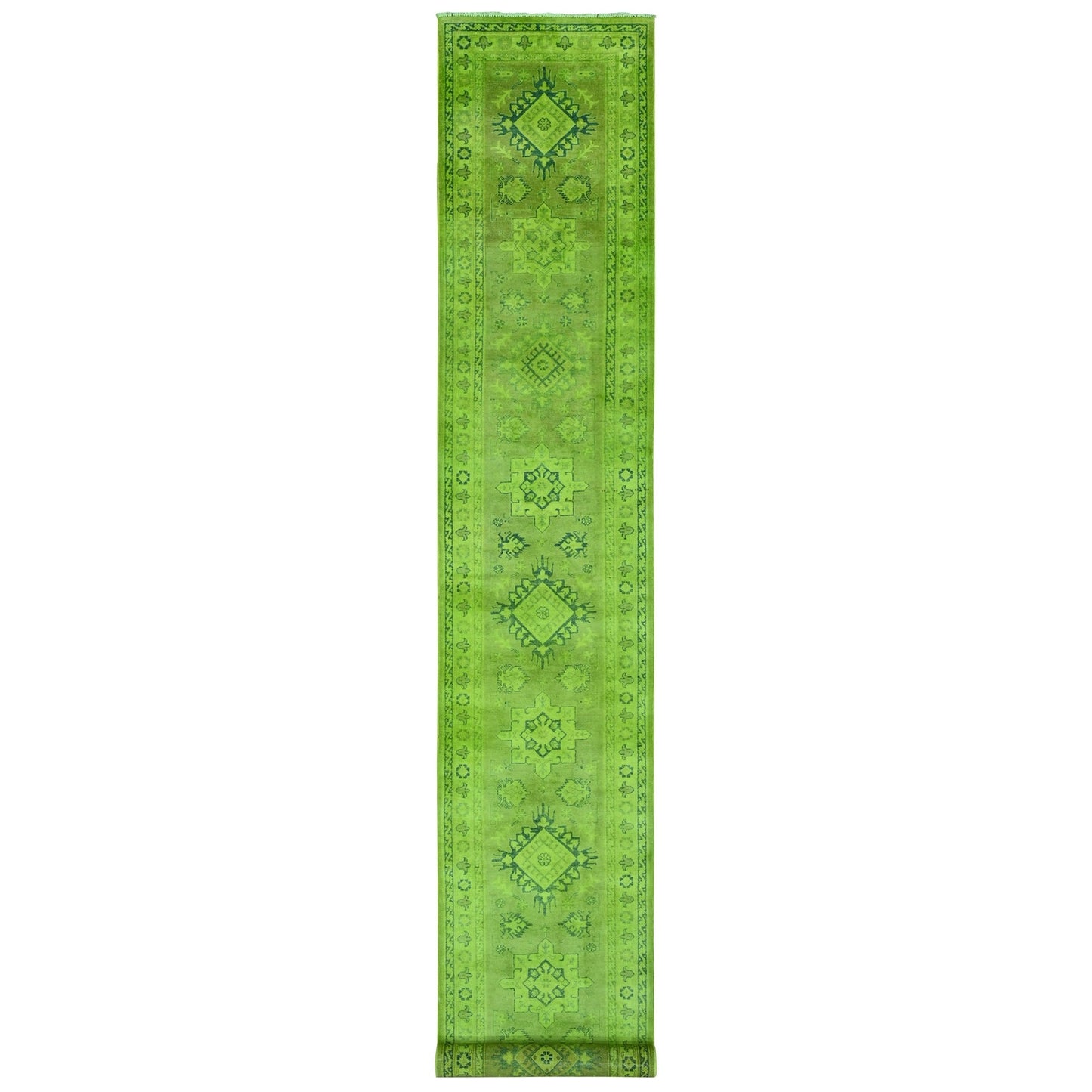 2'8"X18'10" Green Overdyed Kazak Geometric Hand Knotted Wool Runner Rug