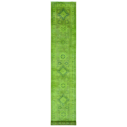 2'8"X18'10" Green Overdyed Kazak Geometric Hand Knotted Wool Runner Rug