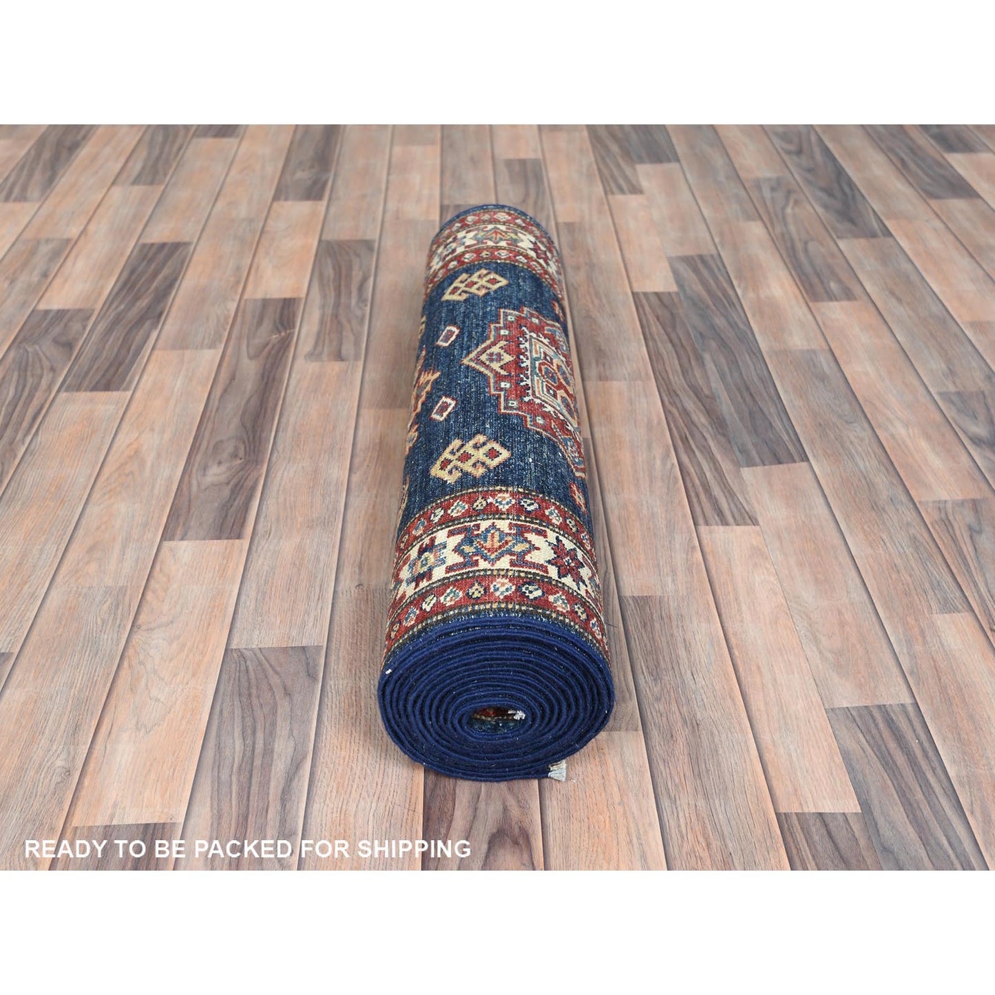 2'10"X13'8" Blue Afghan Super Kazak Wool Hand Knotted Runner Rug