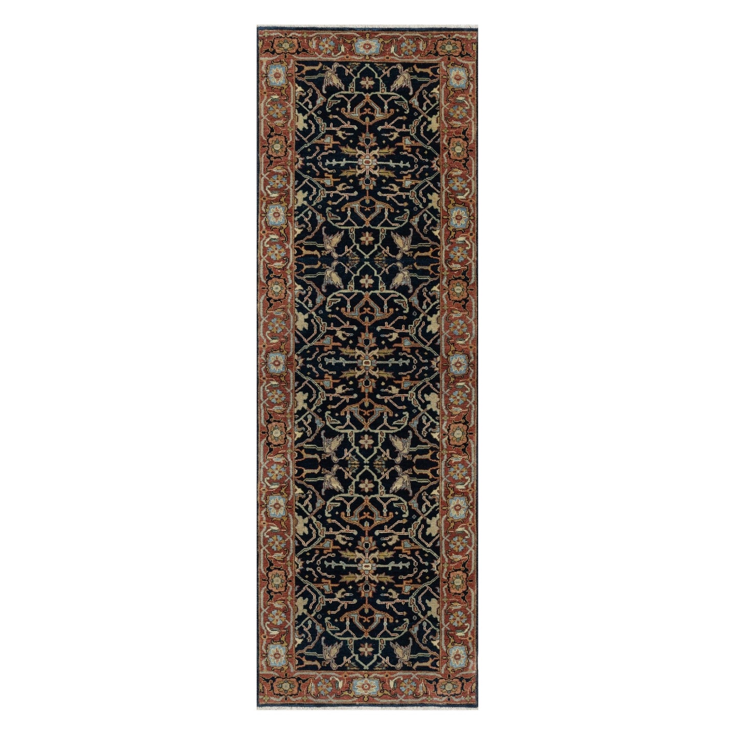 2'6"X8'1" Blue Organic Wool Antiqued Fine Heris Hand Knotted Runner Rug