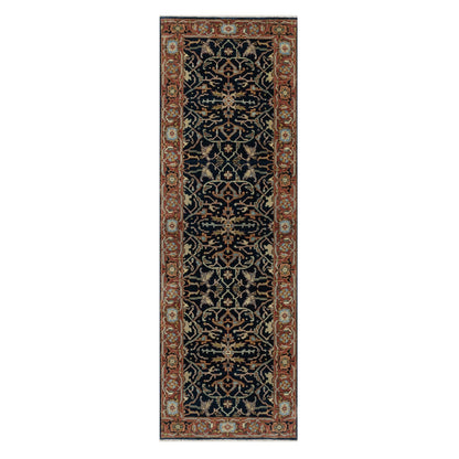 2'6"X8'1" Blue Organic Wool Antiqued Fine Heris Hand Knotted Runner Rug