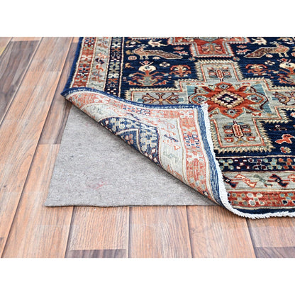 2'7"X7'9" Blue Runner Armenian Inspired Caucasian Design Wool Oriental Rug