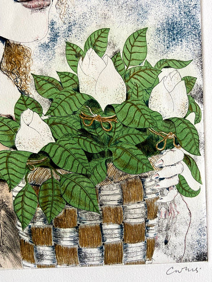 Bruno Caruso 'Girl With Flower Basket' Aquatint 60X80 (Renato Guttuso)