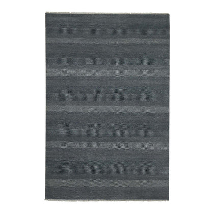 6'X9' Yankees Blue Wool And Silk Hand Knotted Grass Design Rug