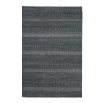 6'X9' Yankees Blue Wool And Silk Hand Knotted Grass Design Rug
