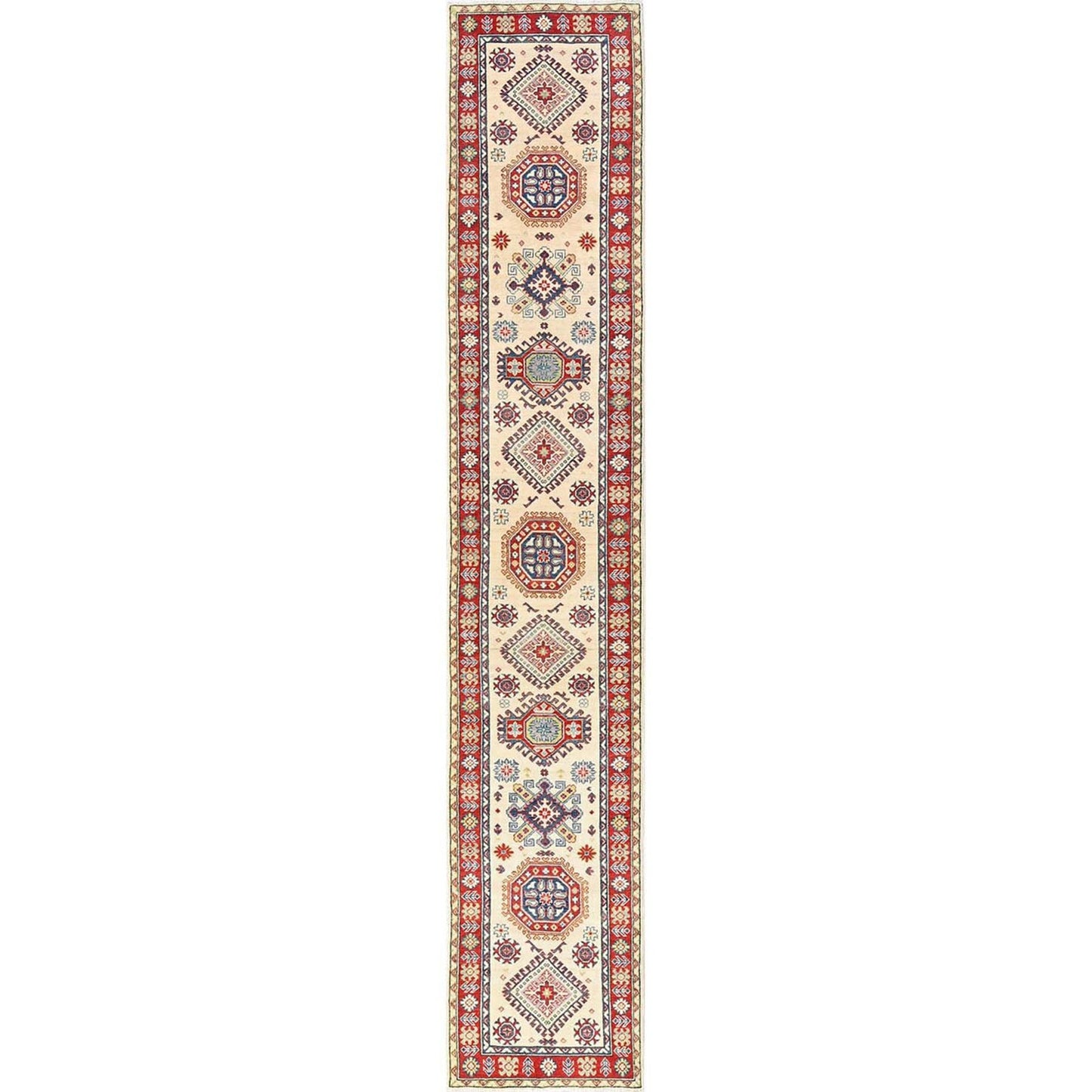 2'7"x15'10" Ivory Kazak Geometric Design Rug Hand Knotted Wool XL Runner