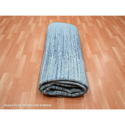 8'1"X10'4" Denim Blue Horizontal Ombre Design Pure Wool Hand Knotted Rug