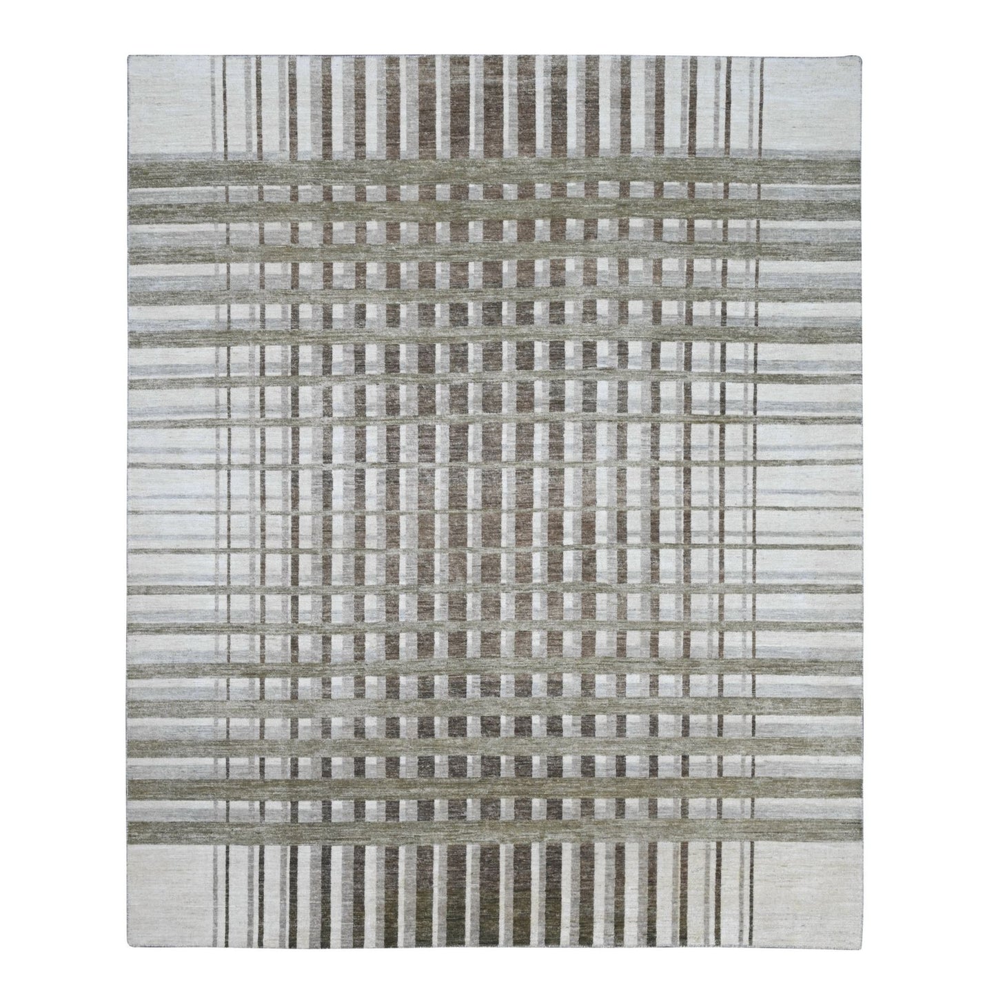 8'X9'9" Brown Bauhaus Inspired Line Design Hand Knotted Soft Wool Rug